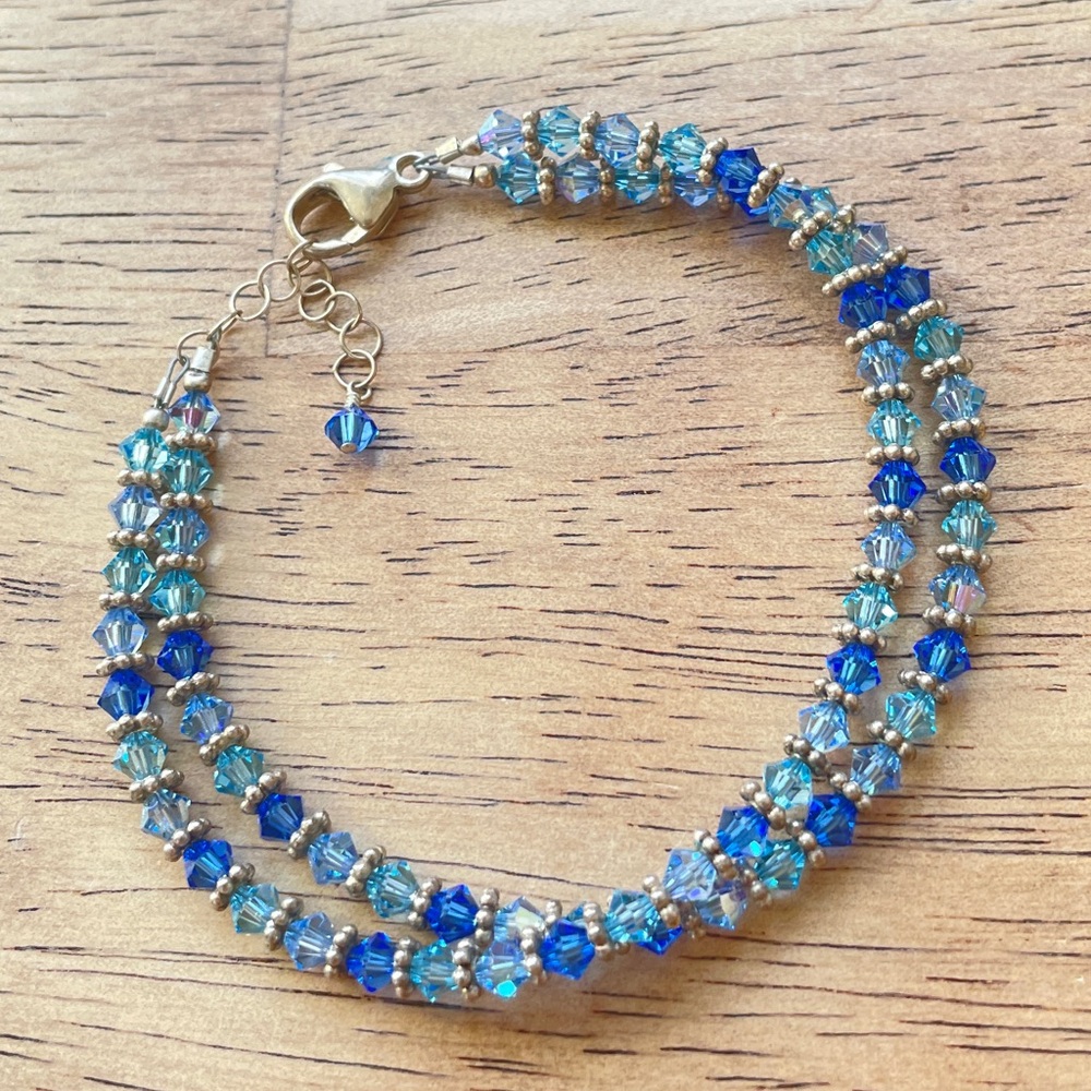Blue Crystal Beads with Silver, 2 Strand Bracelet